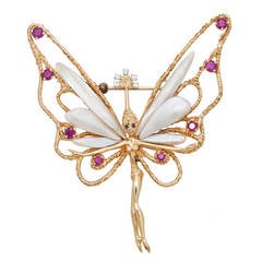 Ruser Pearl Ruby Sapphire Diamond Gold Winged Fairy Brooch