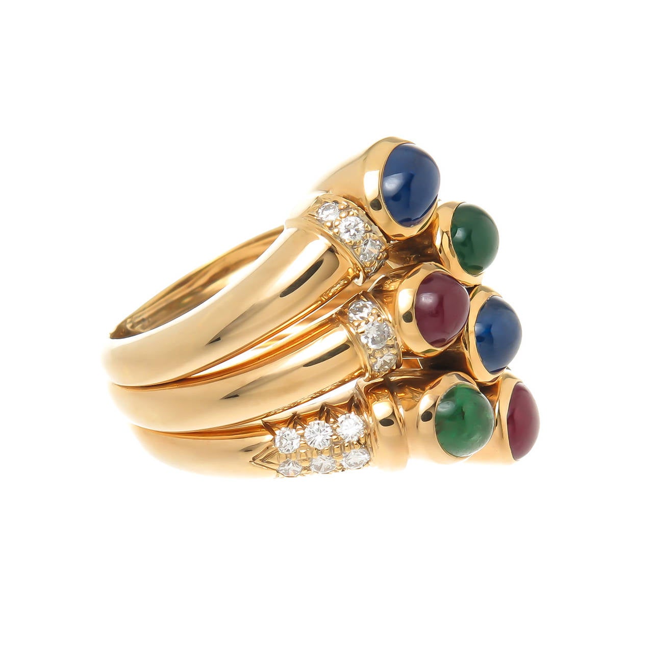 David Webb 18K Yellow gold ring, centrally set with Cabochon Rubies, Sapphires and Emeralds and further set with Round Brilliant cut Diamonds totaling approximately 1 carat. top measurements 1 inch in length x 1 inch wide.  Finger size = 5 1/2.