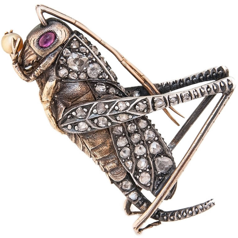 Gem Set Pearl Silver Yellow Gold Grass Hopper Brooch circa 1910 at 1stDibs