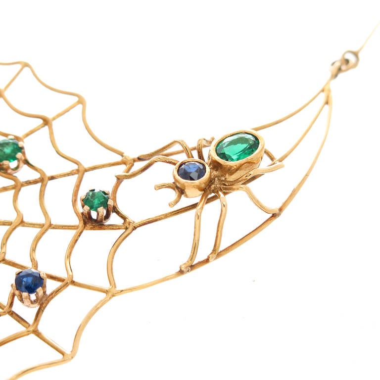 Gem Set Gold Spider Web Necklace In Excellent Condition In Chicago, IL