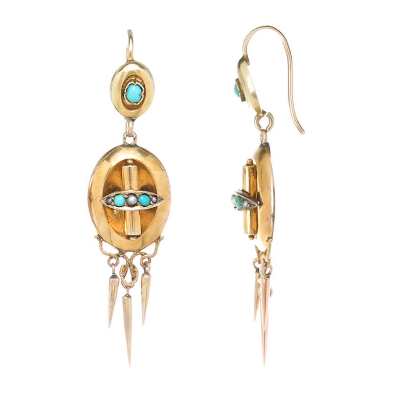 Circa 1880s Victorian 14K  Yellow Gold, Pearl and Turquoise set Dangle Earrings in a High Victorian Style.  2 1/4 inch in length.