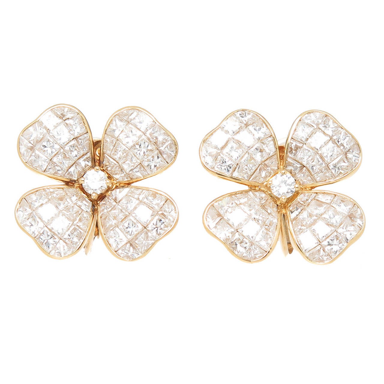 Invisibly Set Diamond Gold Flower Ear Clips