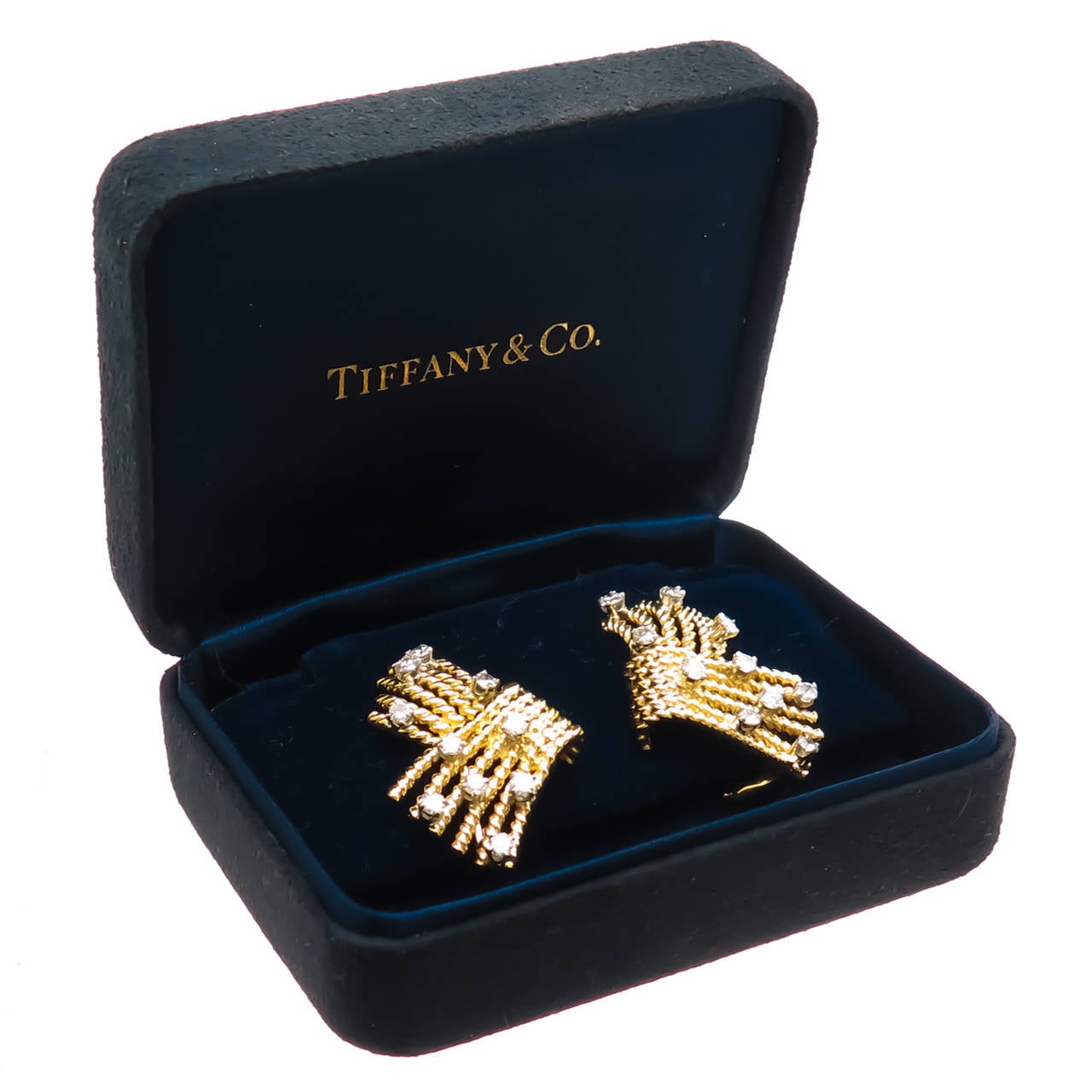 Jean Schlumberger for Tiffany & Company 18K Yellow Gold V Rope Ear Clips, set with 20 Round Brilliant cut Diamonds totaling 1.40 Carats. Omega Clip Backs to which posts can be easily added if desired. Comes in Original Tiffany Gift Box