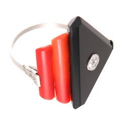 Art Deco Coral Onyx Diamond Platinum Ring