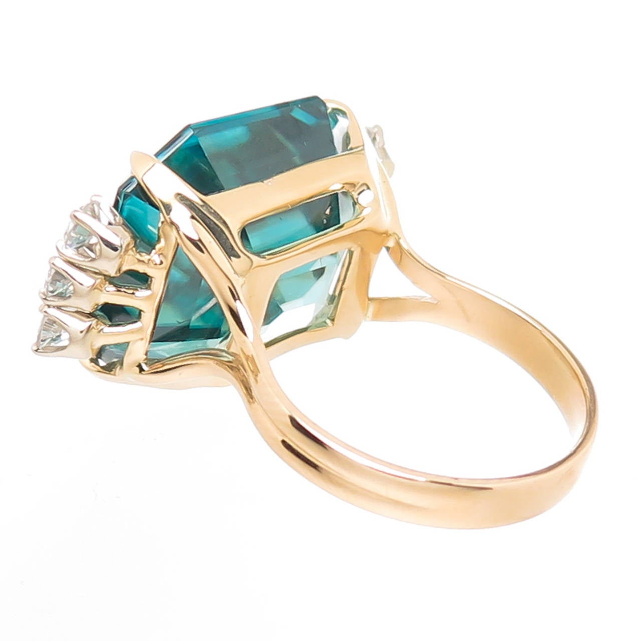 Large Step Cut Natural Zircon Diamond Gold Ring
