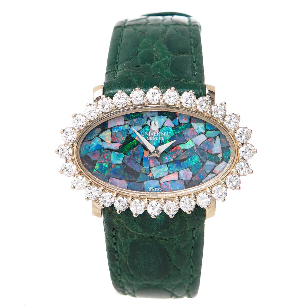 Univeral Lady's White Gold and Diamond Wristwatch with Opal Dial circa 1970s