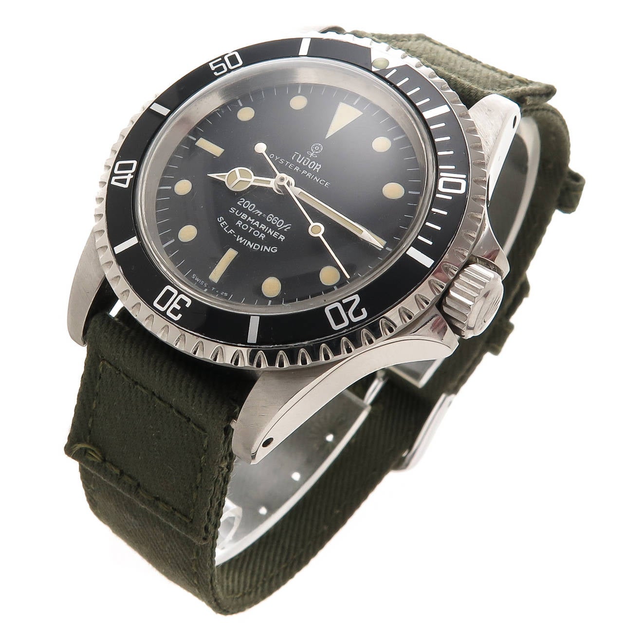 Tudor stainless steel Oyster Prince Submariner wristwatch, Ref. 7016, circa 1970s. 40 mm water-resistant case, caliber 2483 self-winding movement. Original mint condition dial. Luminous hands and indexes, acrylic crystal. New military-style strap.