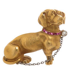 Gem Set and Yellow Gold Dachshund Dog Brooch