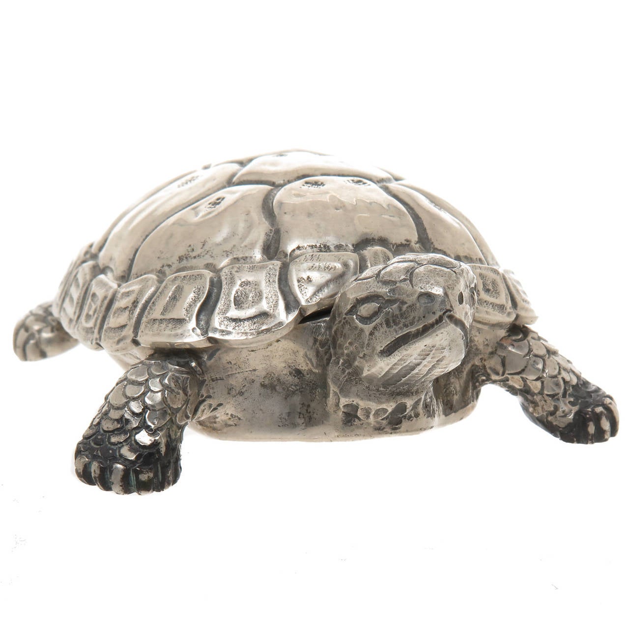 Circa 1990 Sterling Silver Turtle Form Trinket Box by Federico Buccellati, Italy. Very Well Detailed and measuring 4 3/8  X  2 3/4 Inch. With original Gift Box.