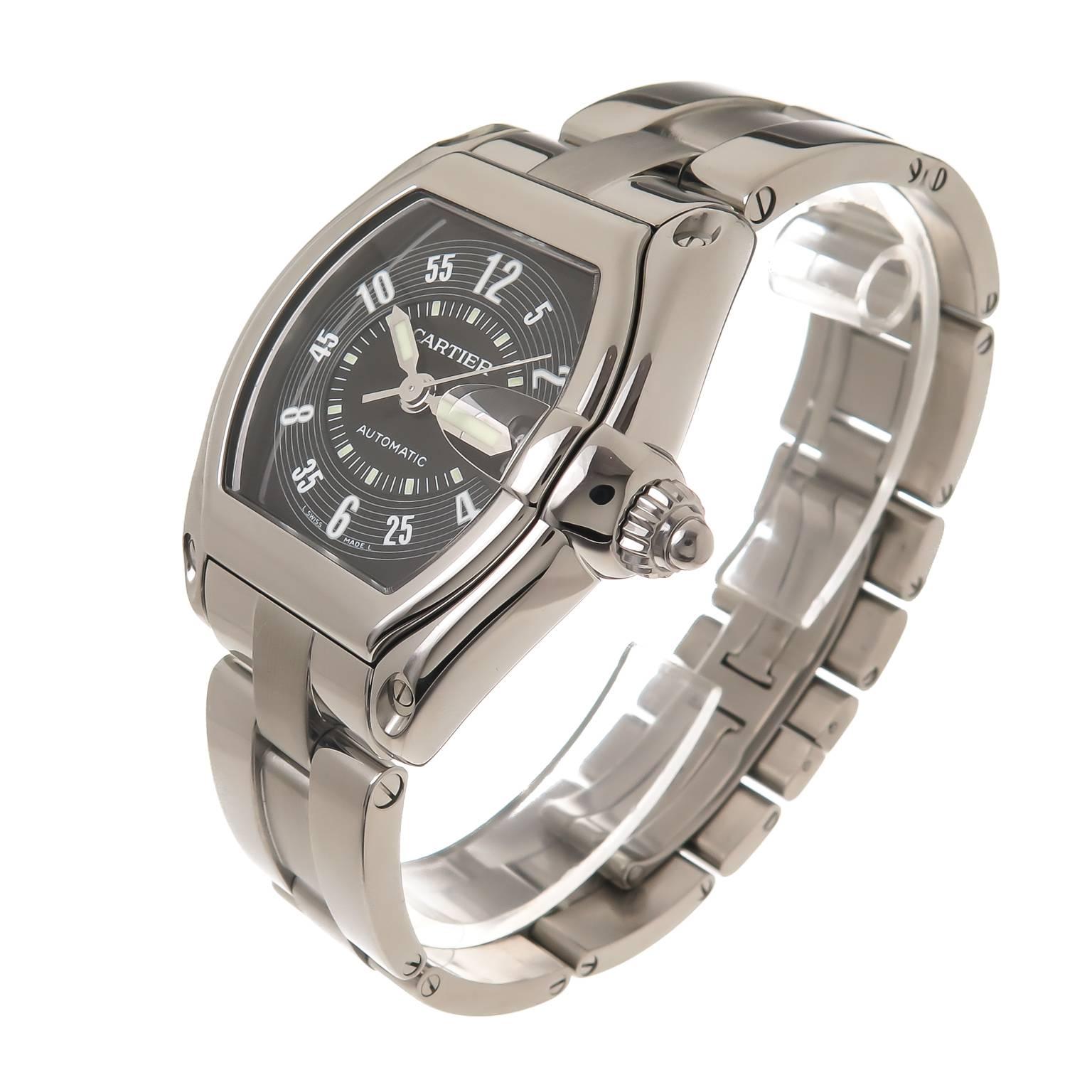 Circa 2010  Reference 2510 Cartier Roadster Large Size Stainless Steel 43 X 36 MM Water Resistant Case, 3/4 inch wide Steel bracelet having Brushed center links and a double fold over deployment clasp. total length 7 1/2 inch. Automatic, self