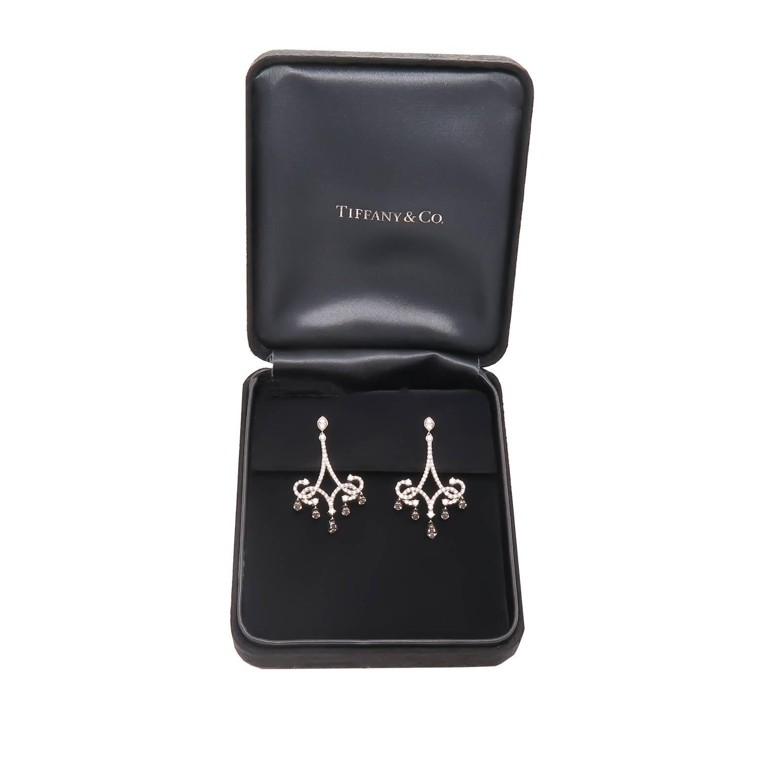 Tiffany & Co. Diamond Platinum Scroll Dangle Earrings In Excellent Condition In Chicago, IL