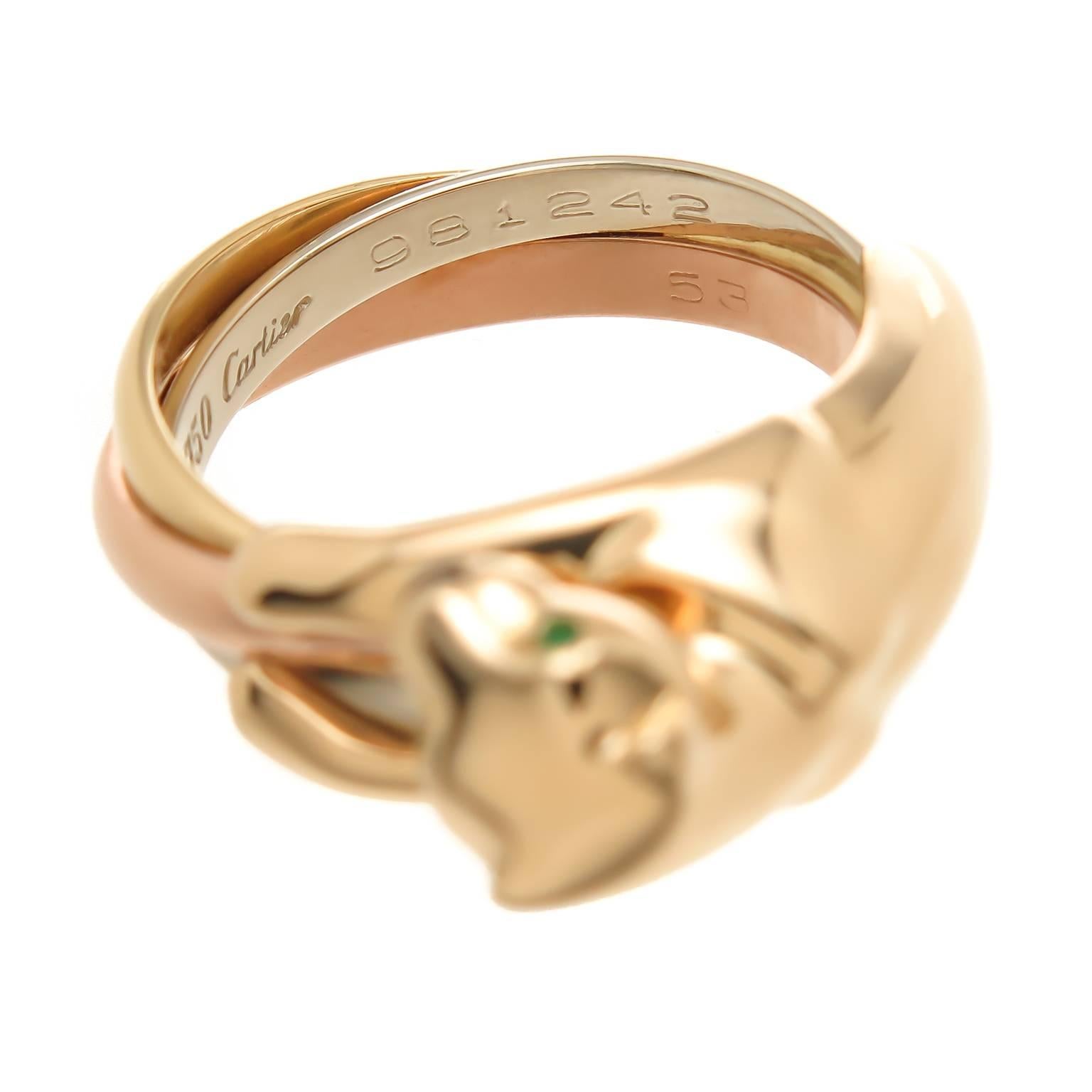 Cartier Tricolor Gold Trinity Panther Ring In Excellent Condition In Chicago, IL