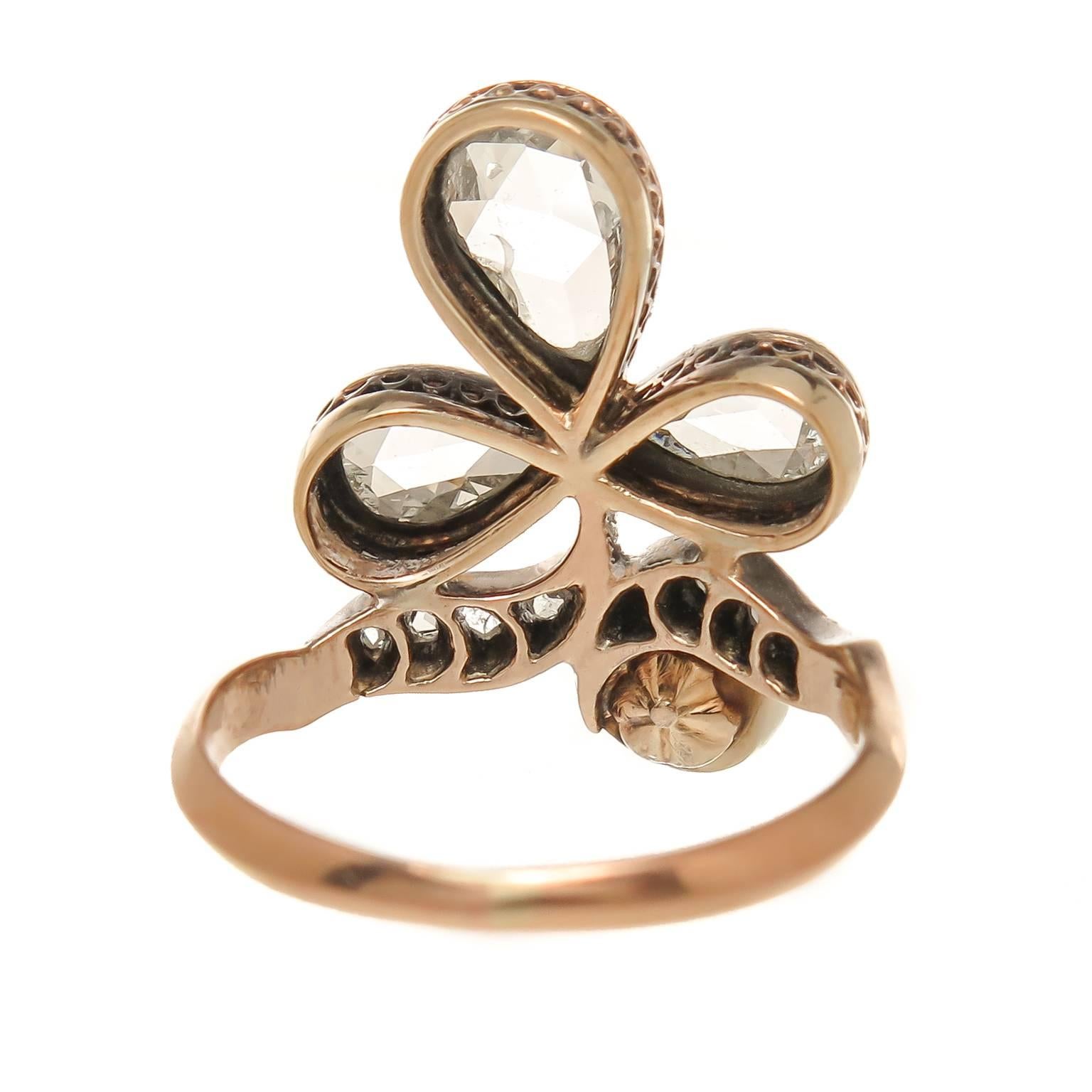 Rose cut Diamond Natural Pearl Silver gold Clover Ring  In Excellent Condition In Chicago, IL