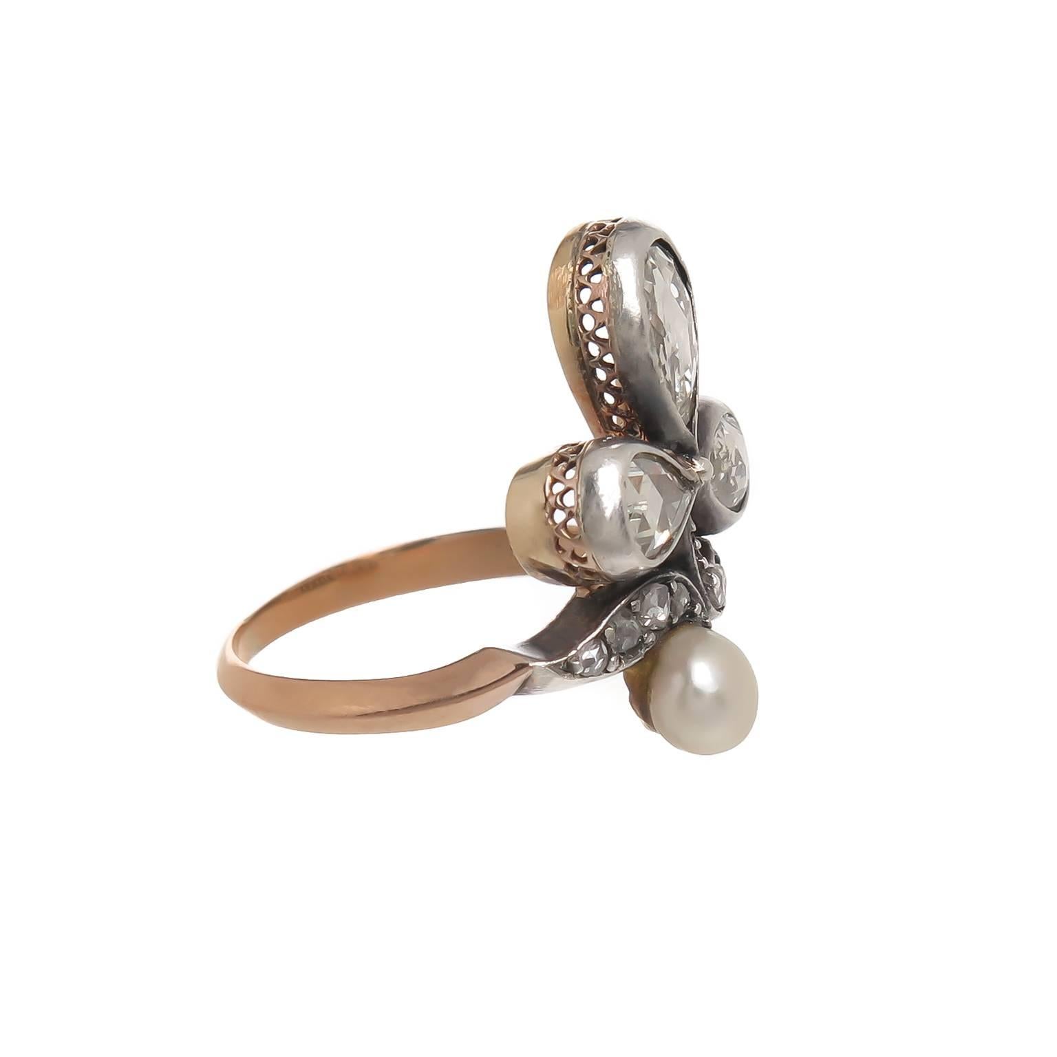 Victorian Rose cut Diamond Natural Pearl Silver gold Clover Ring 