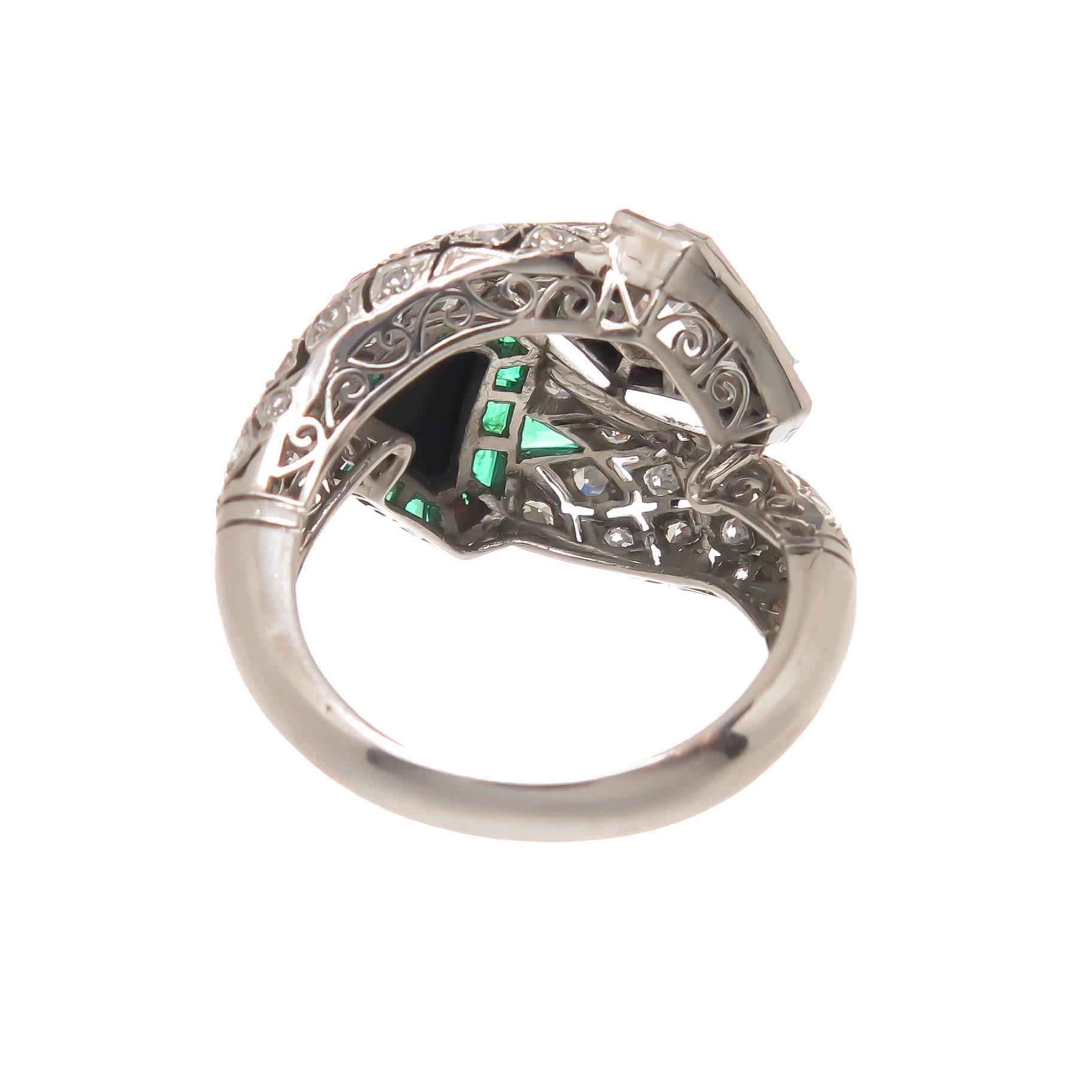Women's Art Deco emerald onyx diamond Platinum Ring