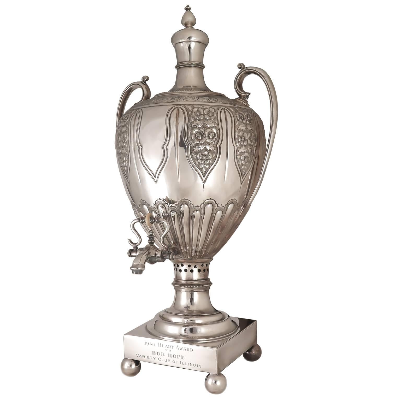 Circa 1900 Hand Chased Silver Plate Hot Water Urn, probably English and Presented to Bob Hope, measuring 26