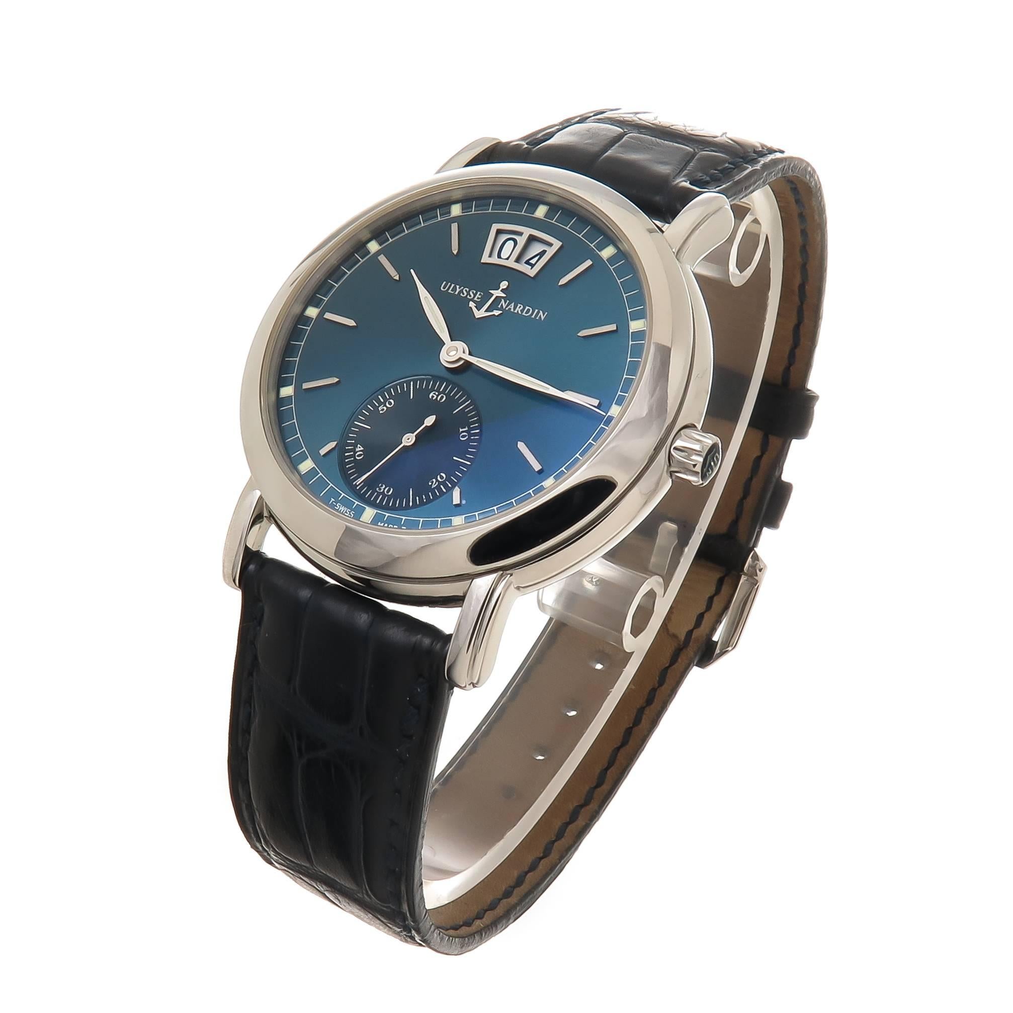 Circa 2010 Ulysse Nardin Reference 343-22 San Marco Big Date, 37 MM Stainless Steel Water Resistant Case.Automatic self winding Movement. Metallic Blue Dial with Raised Markers, sub seconds chapter and Calendar window. Dark Blue Ulysse Nardin
