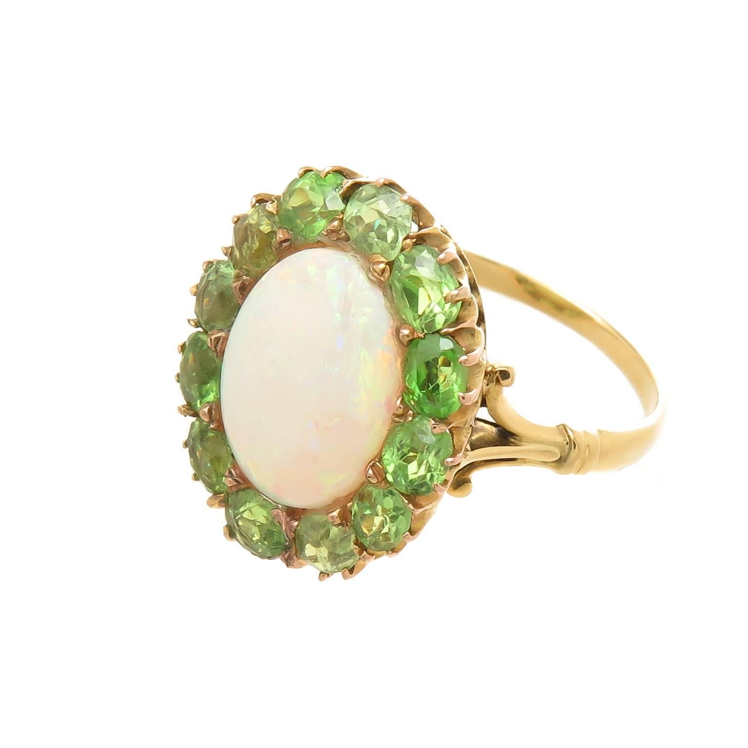 Victorian 1900 Demantoid Garnet Opal Gold Ring