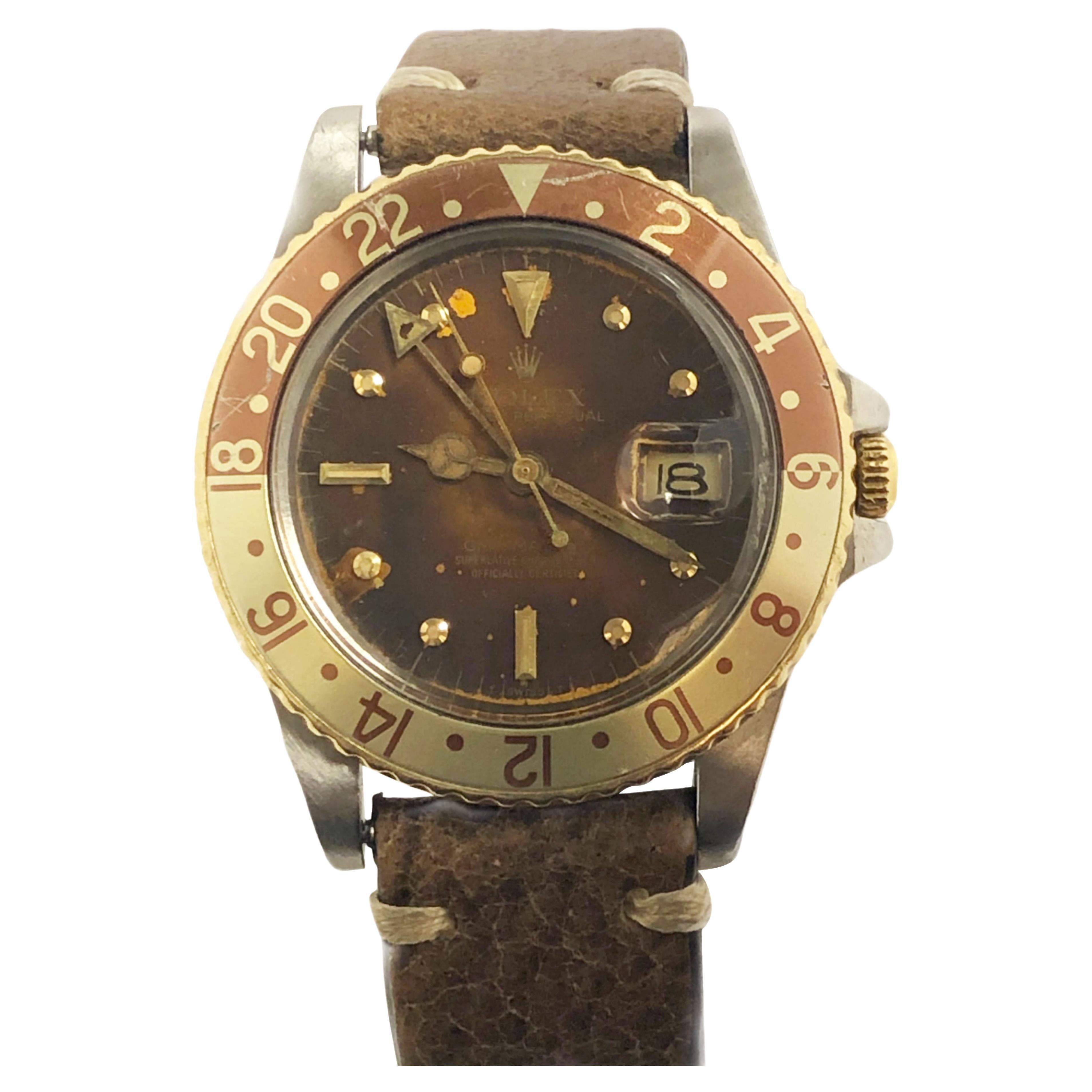 Rolex 1975 GMT Root Beer Gold and Steel Wrist Watch