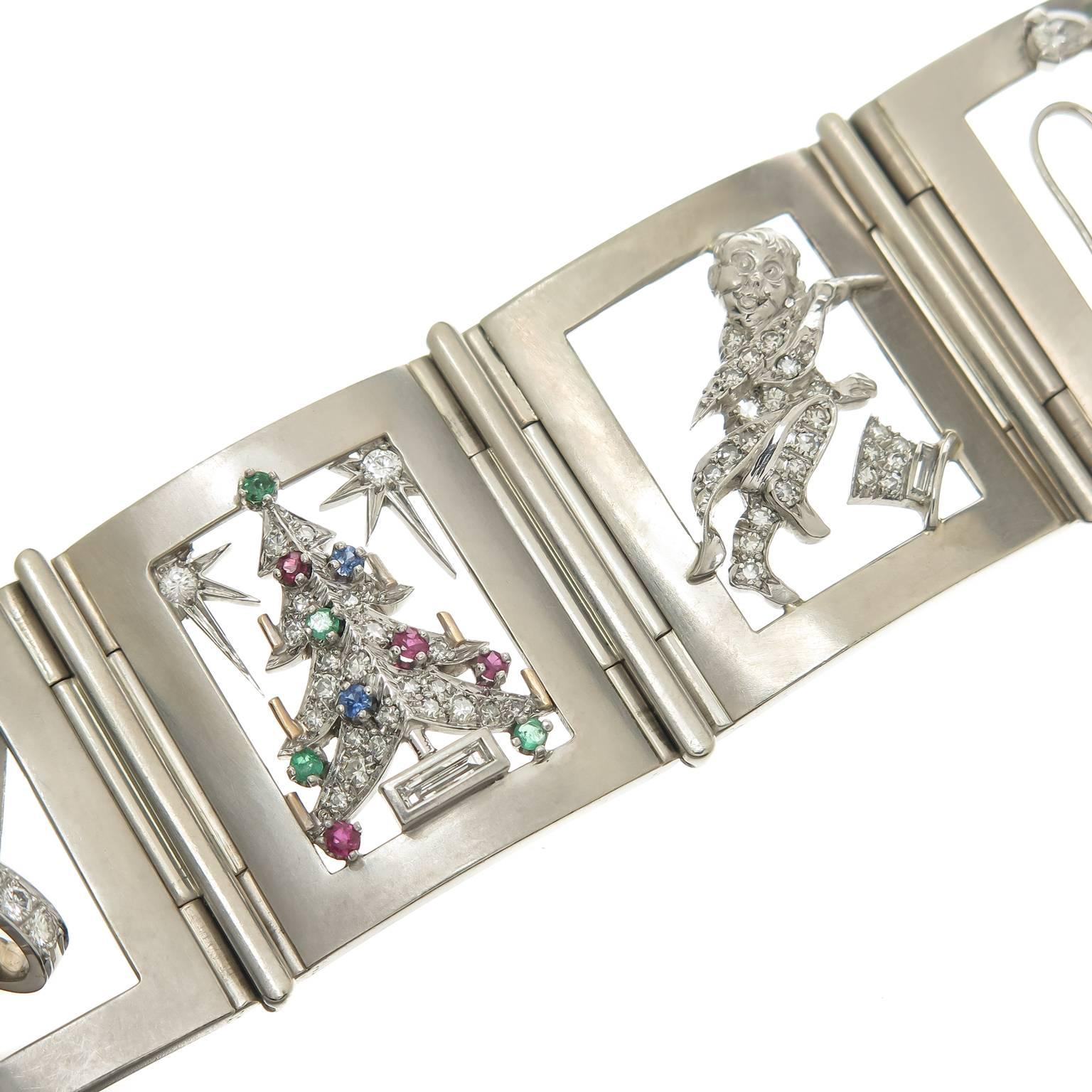 1940s Raymond Yard Gem Set Platinum Panel Charm Bracelet In Excellent Condition For Sale In Chicago, IL