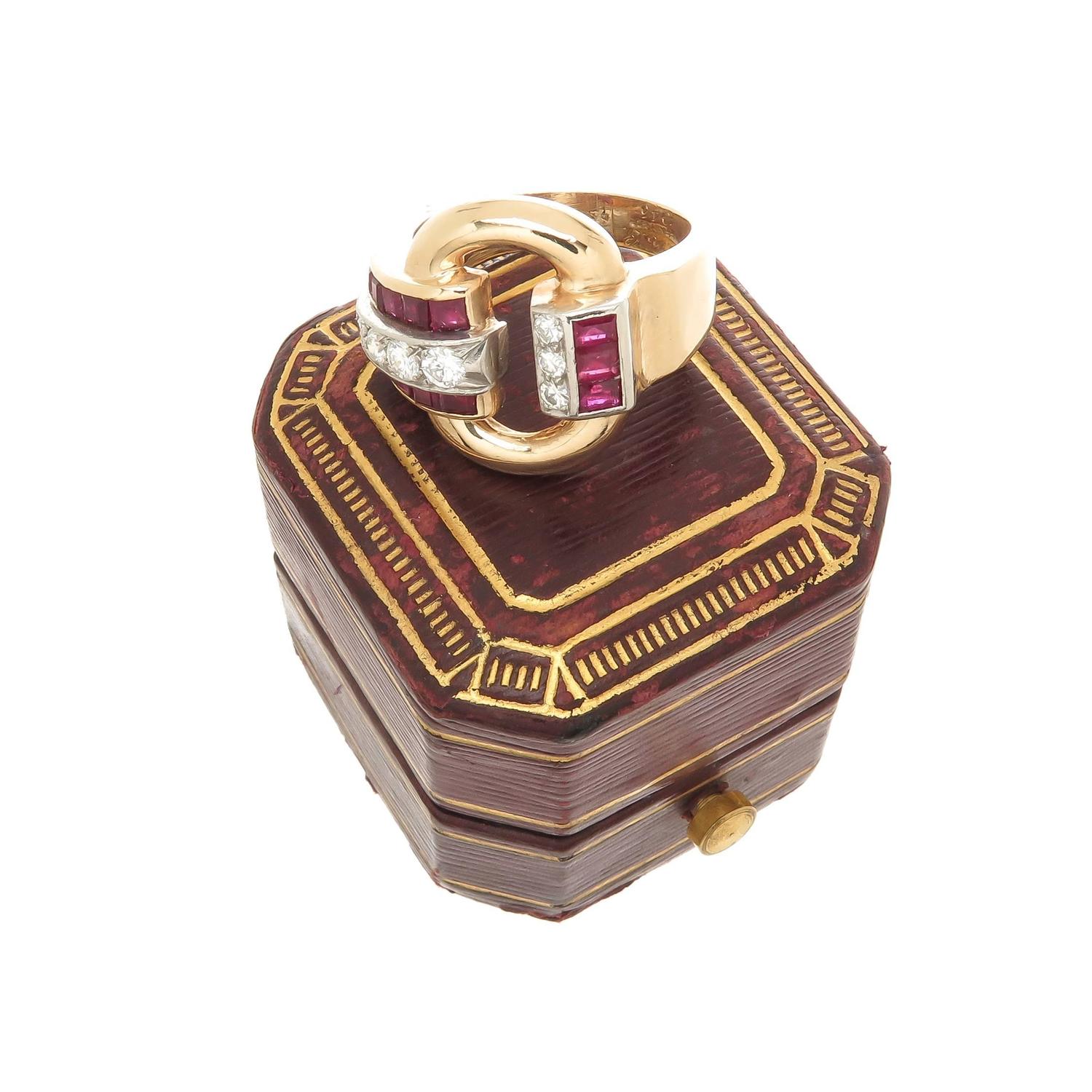 Tiffany and Co. Ruby Diamond Gold Retro Ring For Sale at 1stdibs
