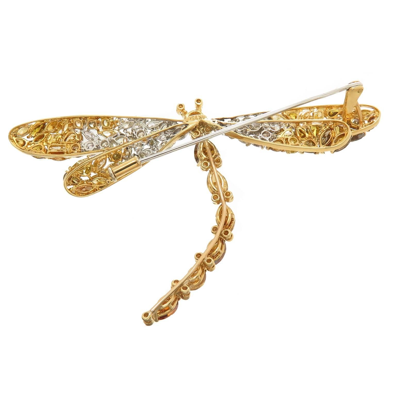 Women's or Men's Large Natural Fancy Color Diamond Gold Dragonfly Brooch