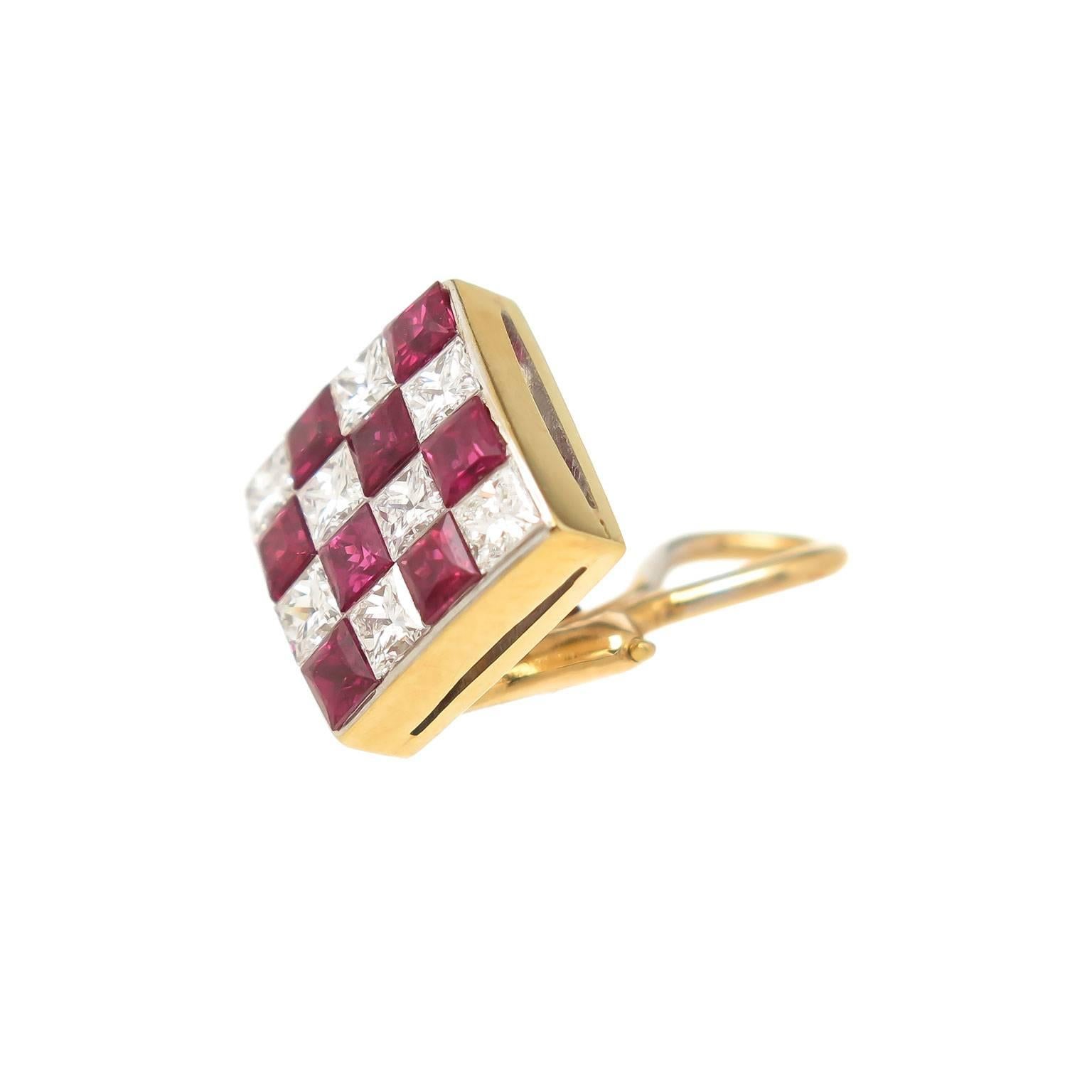 Tiffany & Co. Ruby Diamond Gold Checkerboard Earrings In New Condition In Chicago, IL