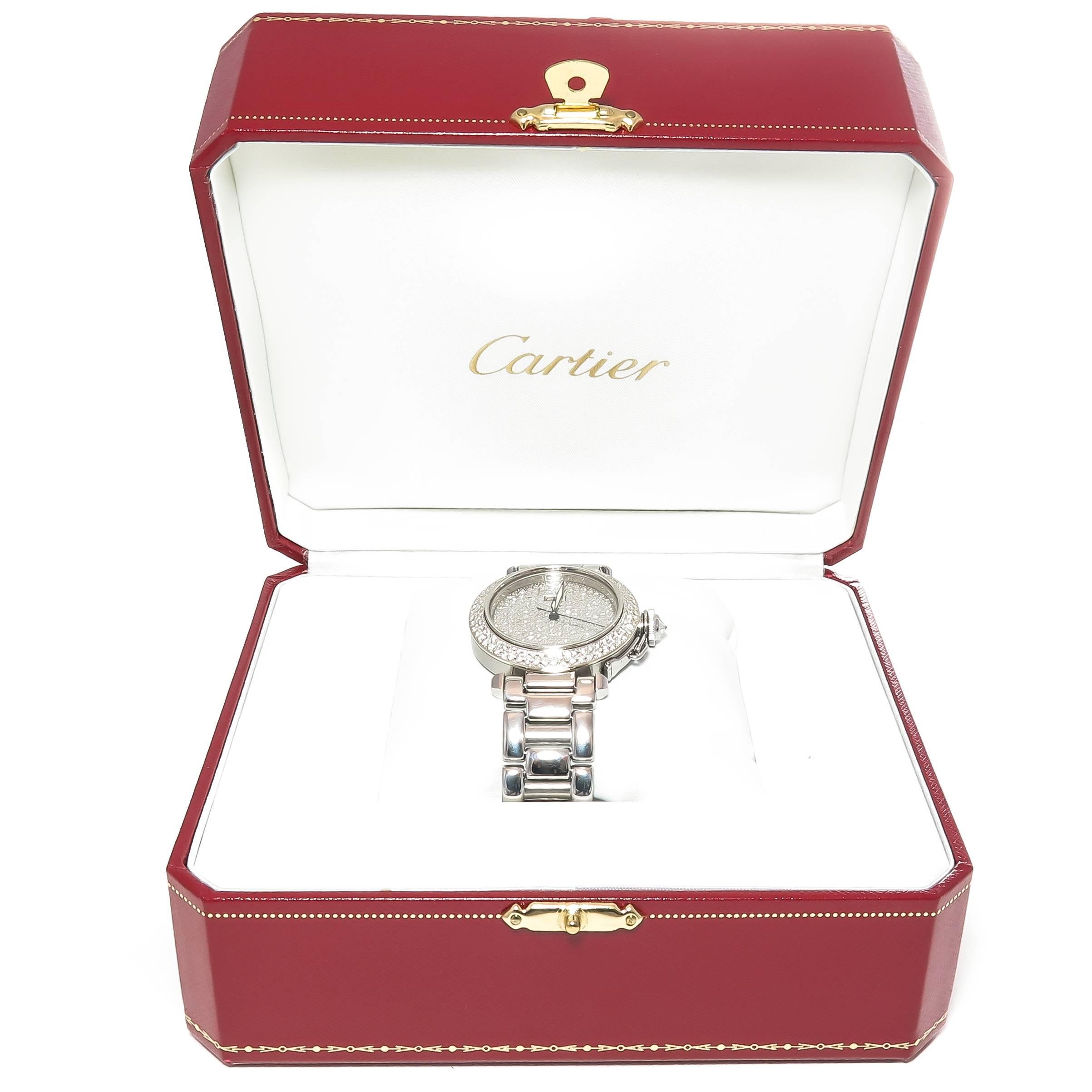 Cartier Pasha Steel and Diamond Pave Automatic Wristwatch In Excellent Condition In Chicago, IL