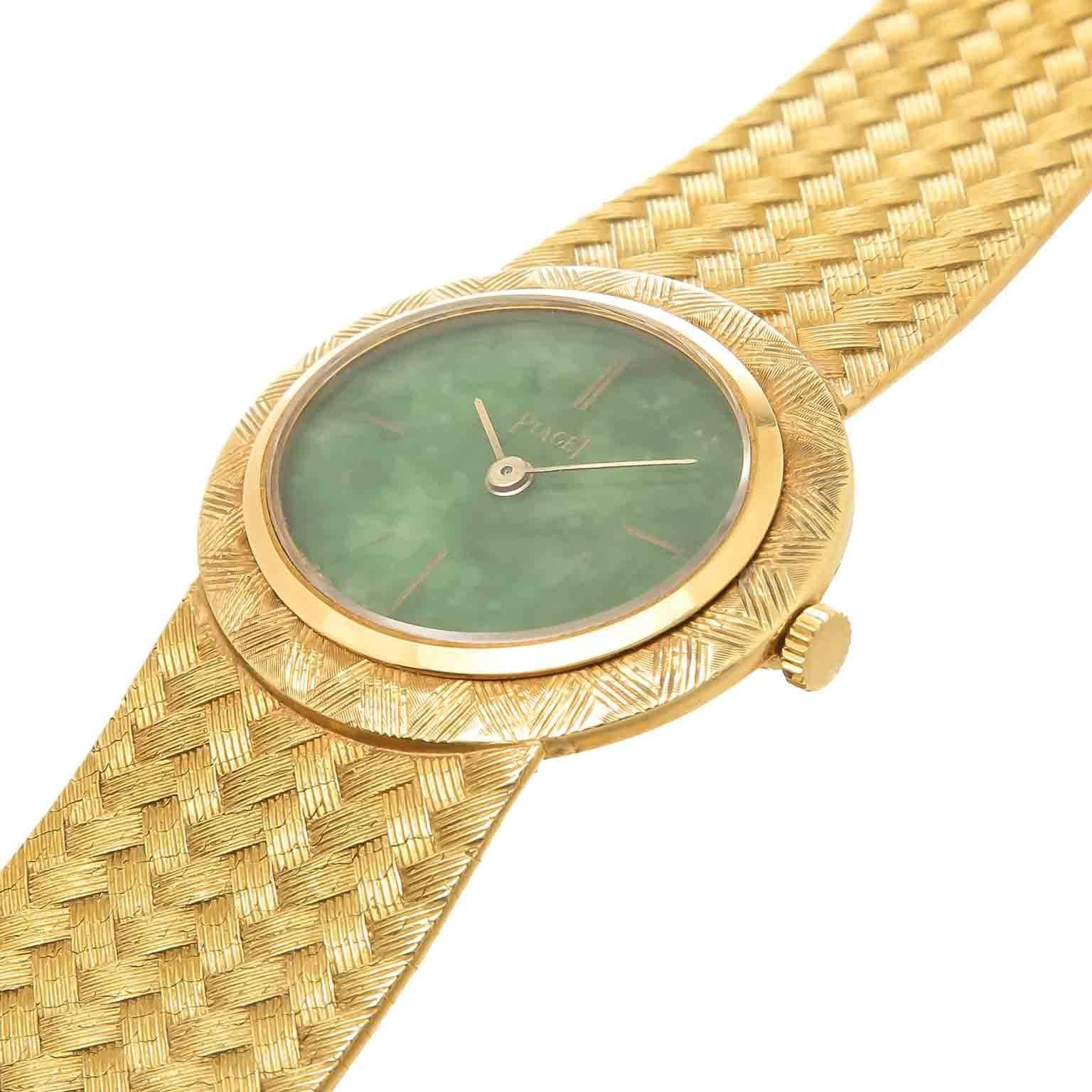 Piaget Yellow Gold Jadeite Dial Mechanical Winding Wristwatch In Excellent Condition In Chicago, IL