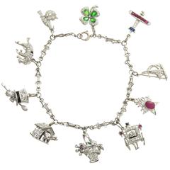 Art Deco Diamond Platinum Gem Stone Charm Bracelet