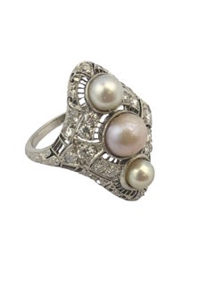 Edwardian Platinum Diamond and Natural Pearl Ring