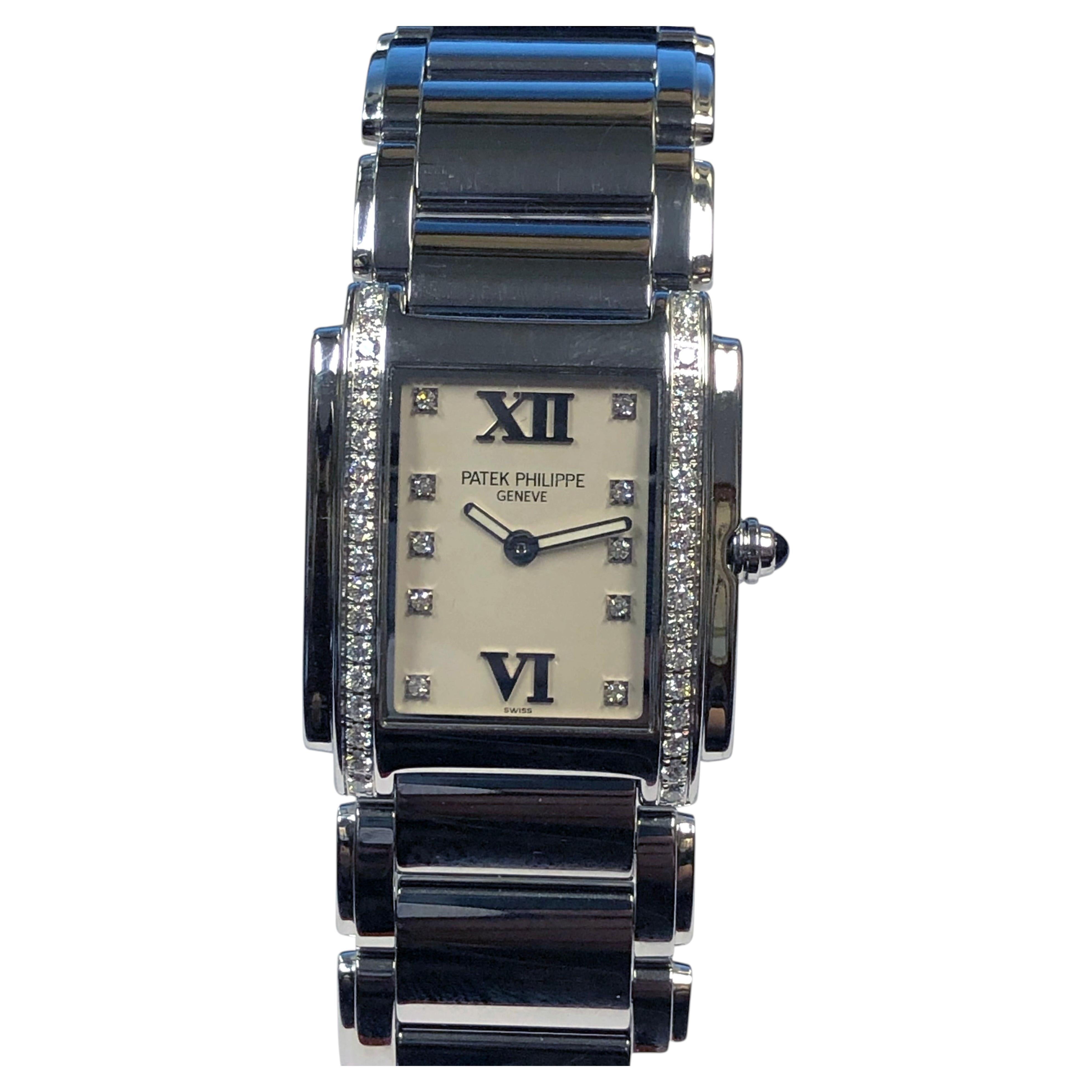 Pre-owned Patek Philippe "24" Ladies Steel And Diamond Quartz Wrist Watch In Multiple