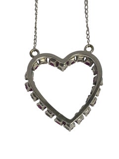 Vintage White Gold Diamond and Ruby Open Heart Pendant Necklace