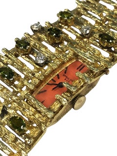 Mid Century Brutalist Yellow Gold and Gem set Bracelet Wrist Watch Spaulding