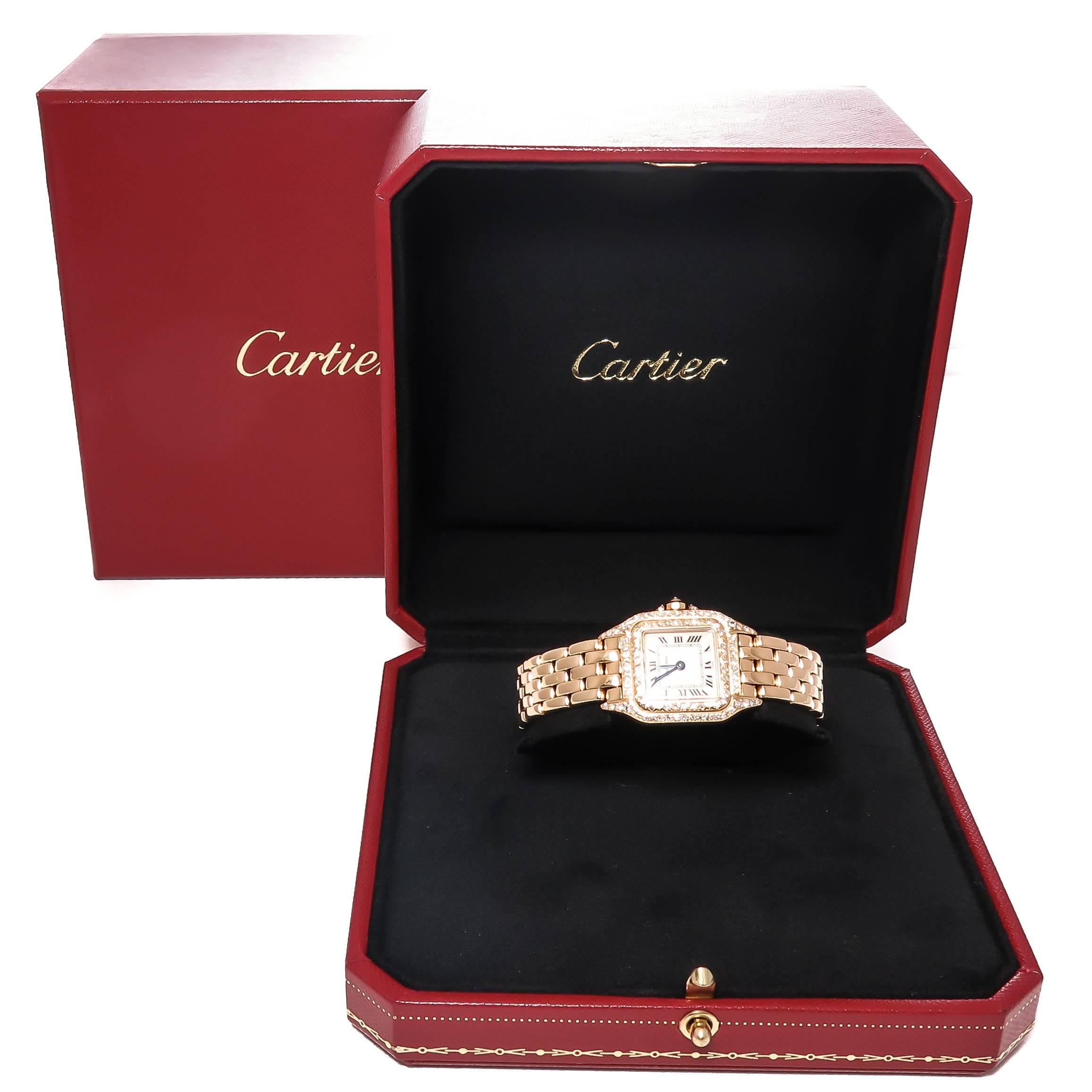 Women's Cartier Ladies Yellow Gold Factory Diamond Panther Quartz Wristwatch