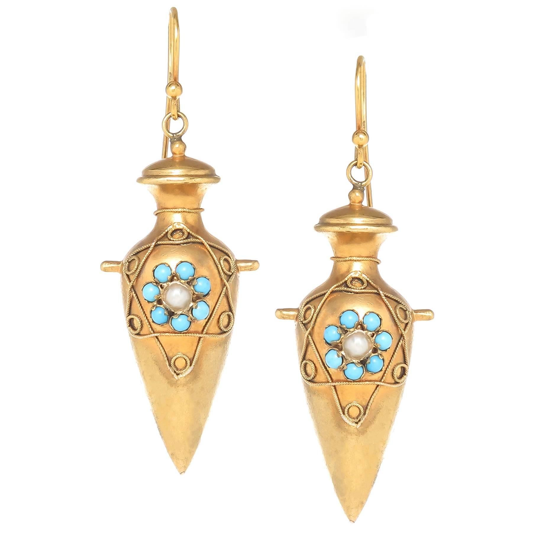 Etruscan Victorian Gold Pearl and Turquoise Urn Form Earrings