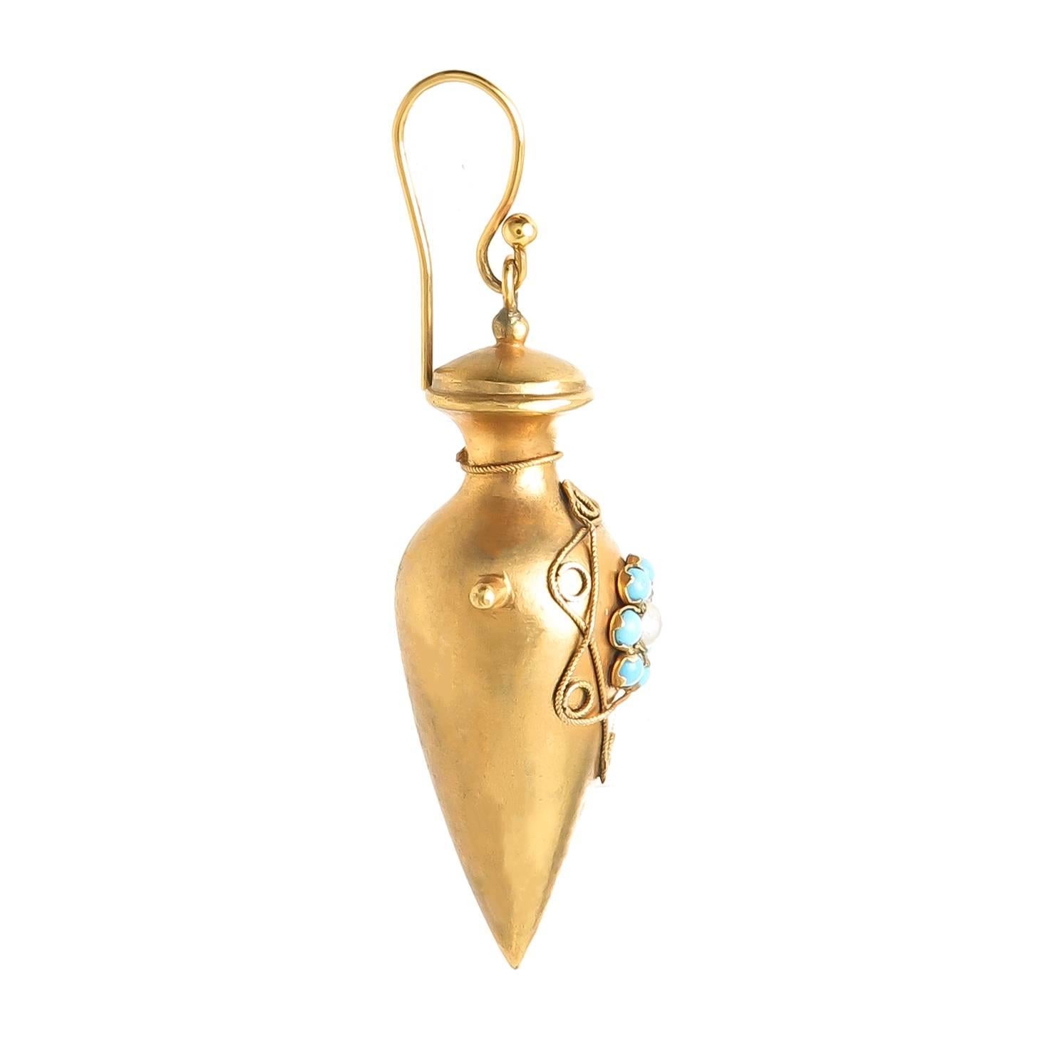 Circa 1870s 9K Yellow Gold Urn form earrings, having a Classical Etruscan design with fine granulation work and set with Turquoise and Pearls. Measuring 1 3/8 inch in length and 1/2 inch in diameter. All original and in excellent condition. 