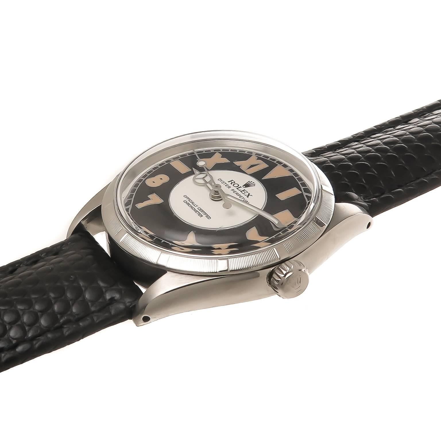 Circa 1960 Rolex Reference 5500, Stainless Steel 34 MM water proof case with engine turned Bezel. Caliber 1520 Automatic, self winding movement.  Two tone Black and White California Dial with Luminous Roman and Arabic numerals, Mercedes Hands.