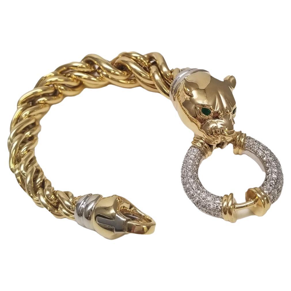 Yellow and White 18k Golden Panther Diamond Limited Edition Chain Bracelet For Sale
