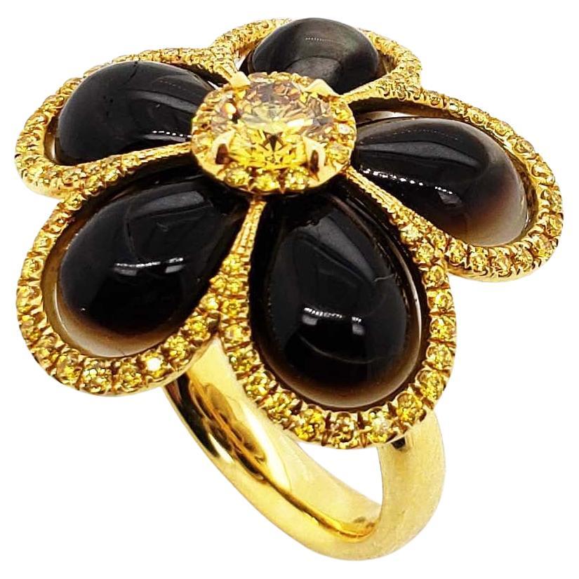 SCARSELLI Fancy Vivid Yellow Diamond Mother of Pearl 18 Karat Gold Flower Ring For Sale