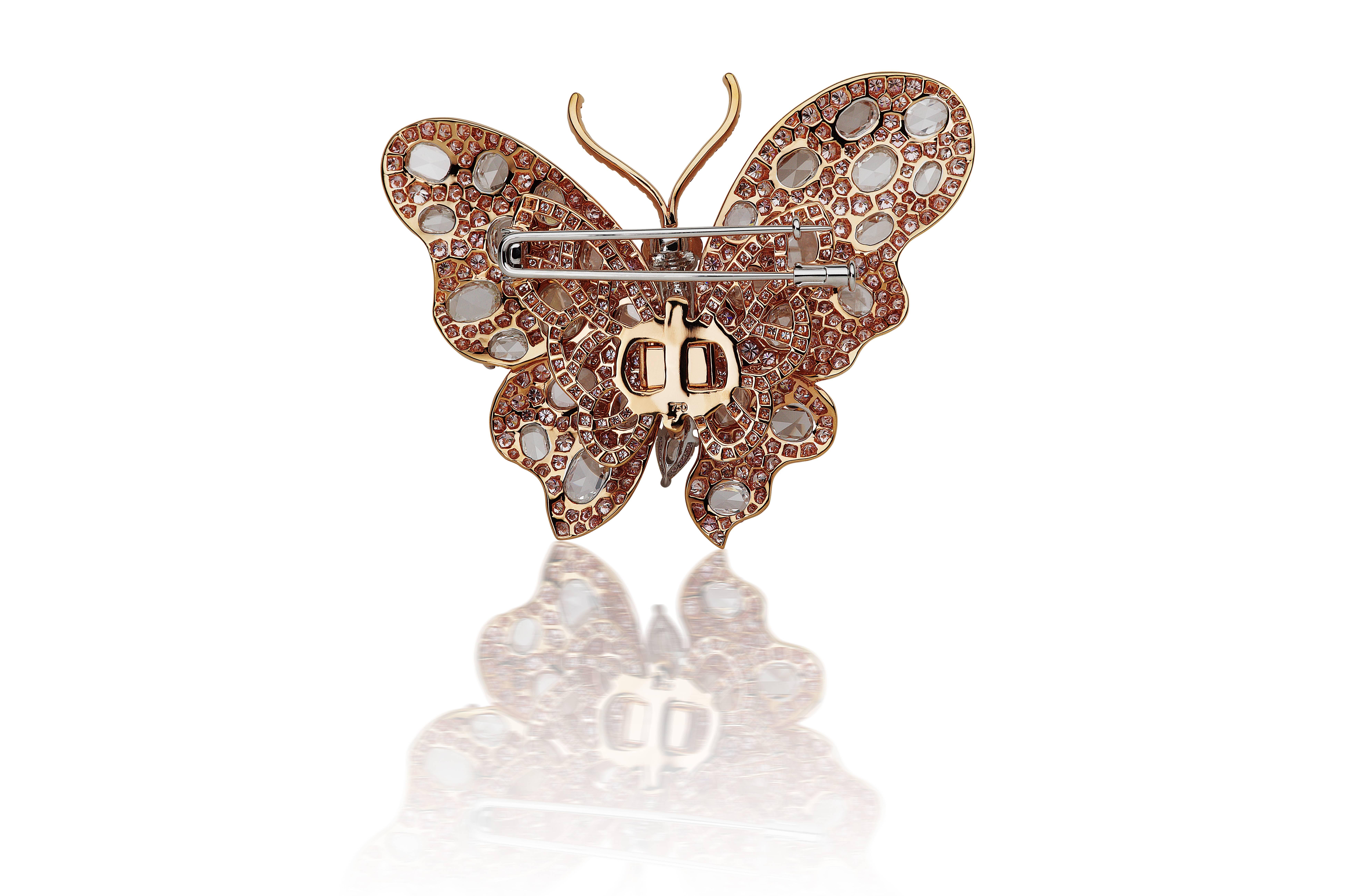Butterfly White Diamond and Pink Diamond Rose Gold Brooch In New Condition In New York, NY