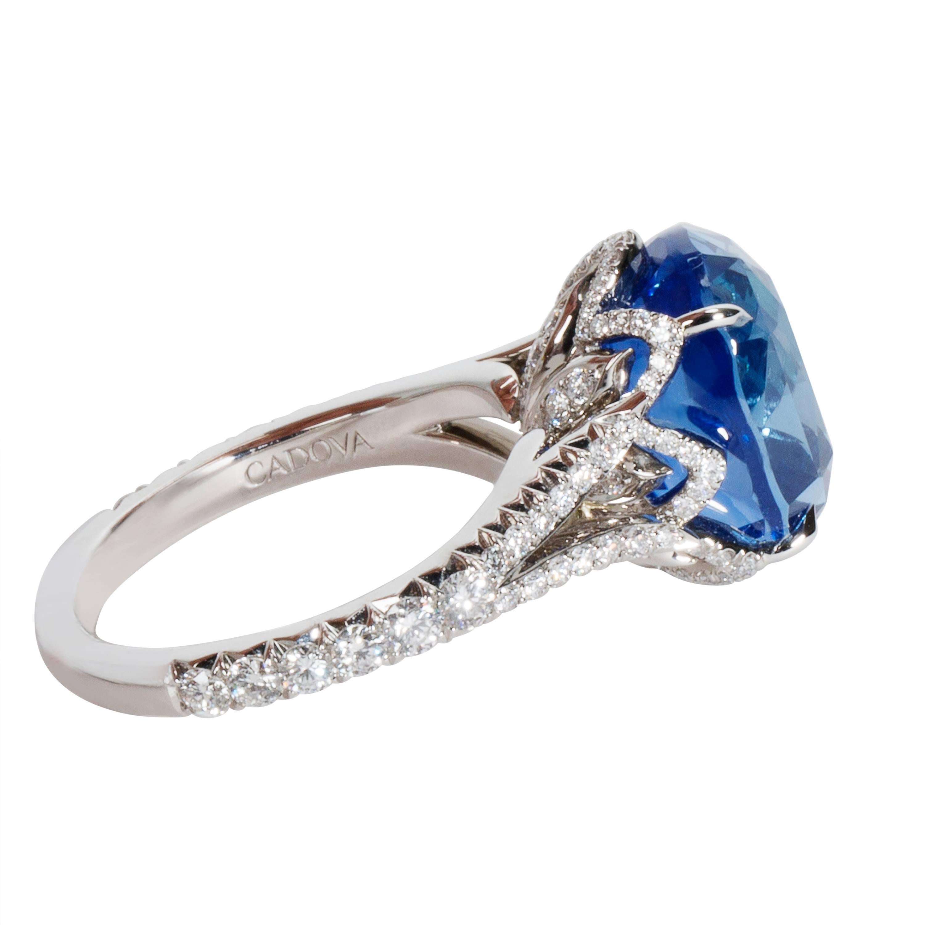 With a striking 10.43 carat unheated, Ceylon blue sapphire at its center, this ring is not only elegant, but regal. it seems even more impressive in the delicate platinum setting, with 0.92 carats of diamonds shining along its band. Ring Size is