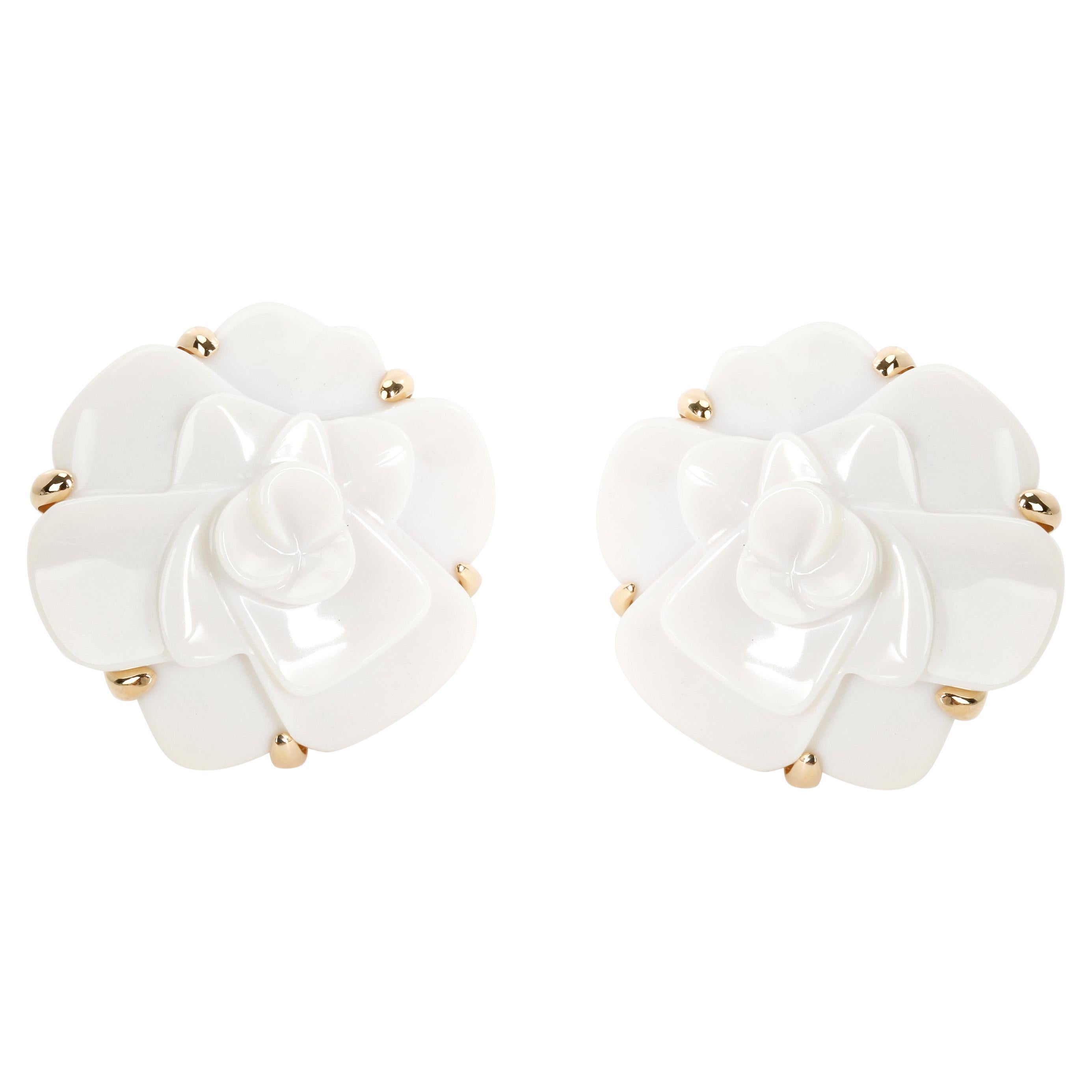 Chanel Camelia White Agate Flower Earrings in 18 Karat Yellow Gold