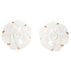 Chanel Camelia White Agate Flower Earrings in 18 Karat Yellow Gold