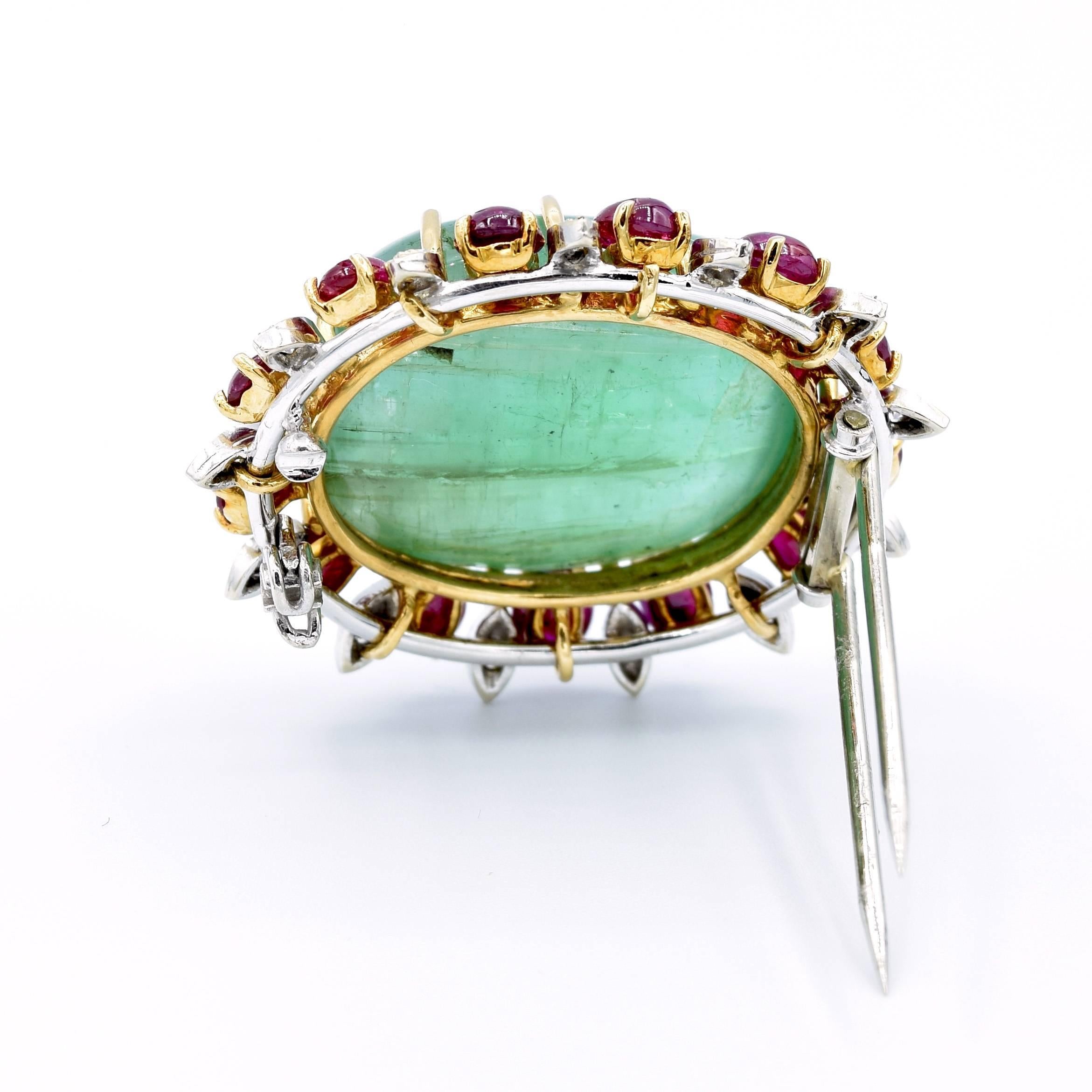 Green Emerald, Ruby and Diamond Brooch Pin For Sale 1