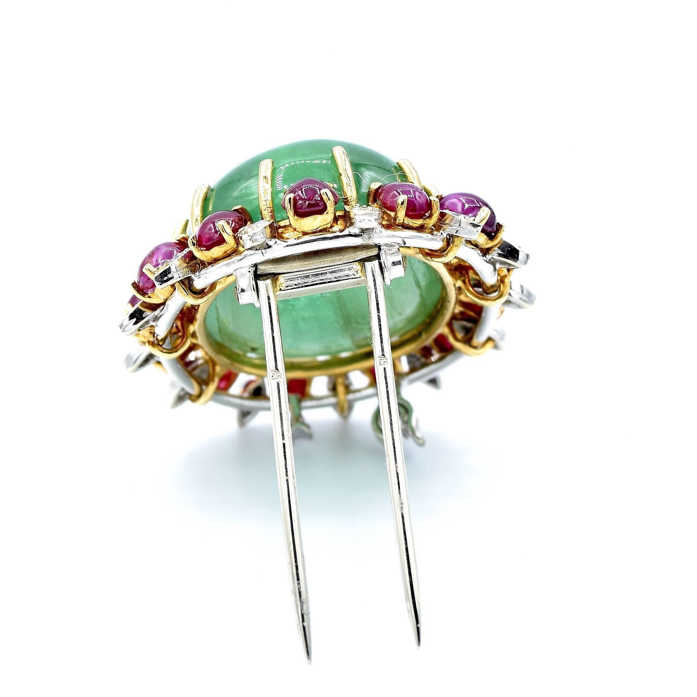 Women's or Men's Green Emerald, Ruby and Diamond Brooch Pin For Sale