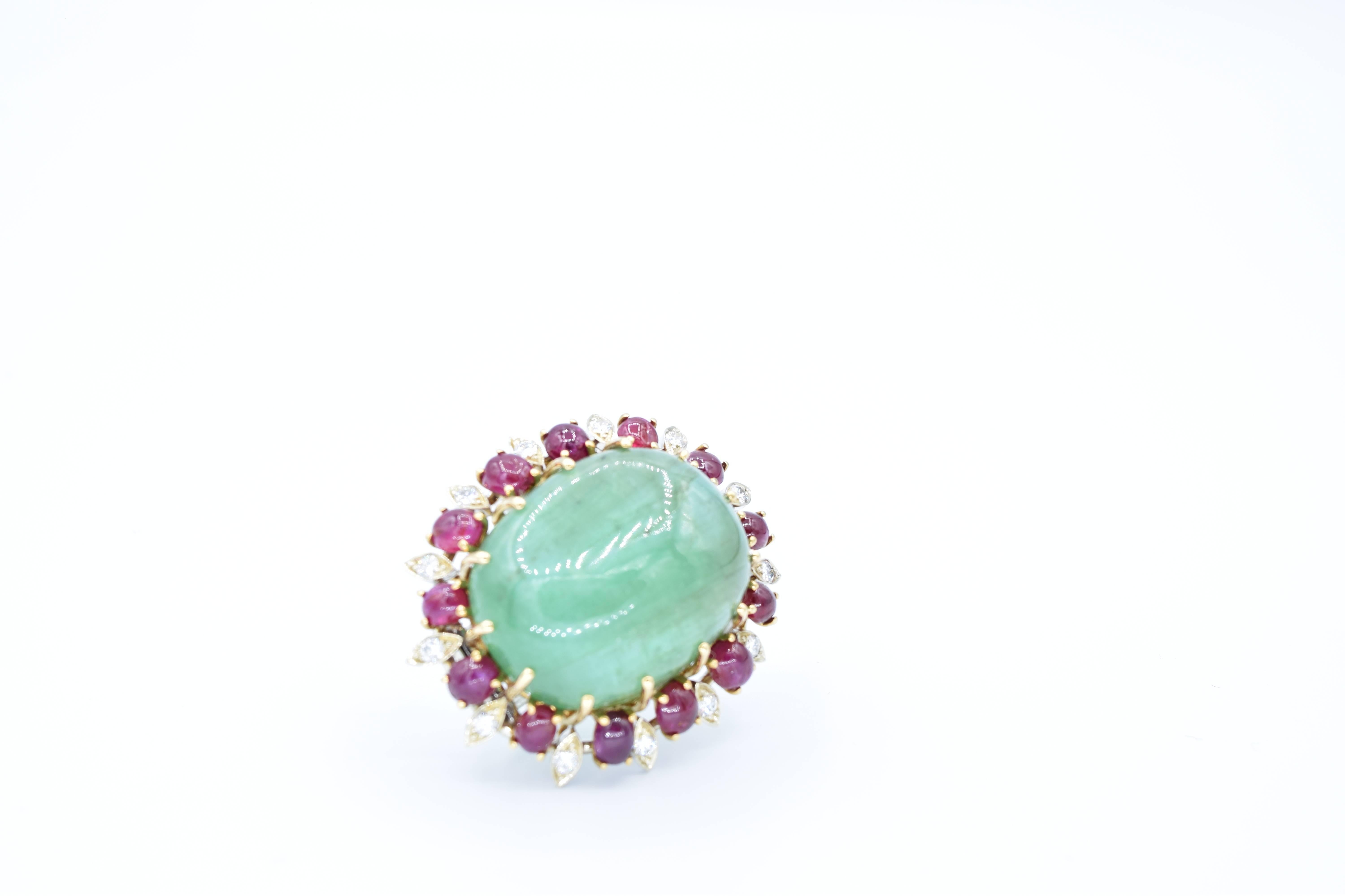 Green Emerald, Ruby and Diamond Brooch Pin For Sale 2