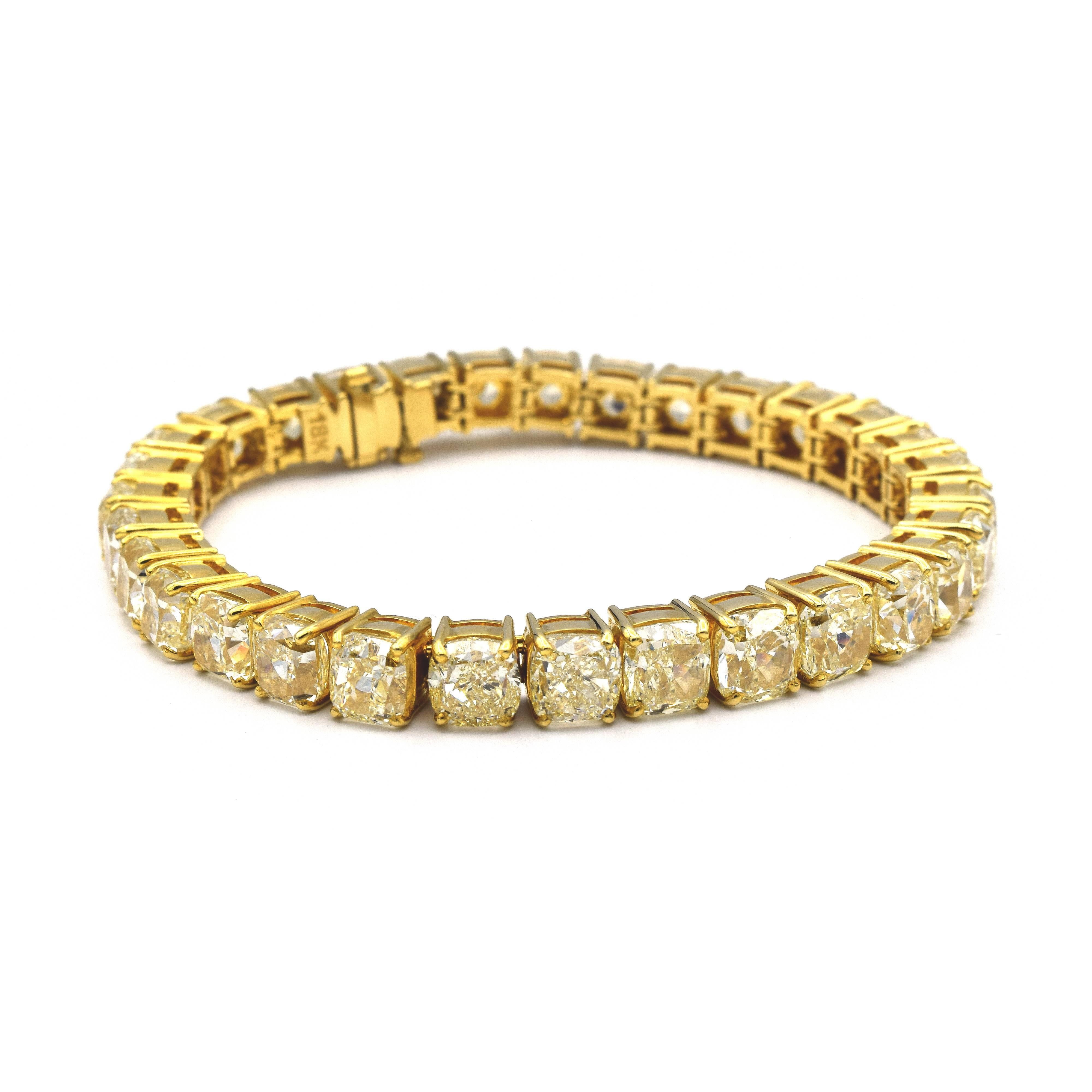 Women's 47.13 Carat Yellow Diamond Tennis Bracelet in 18K  For Sale