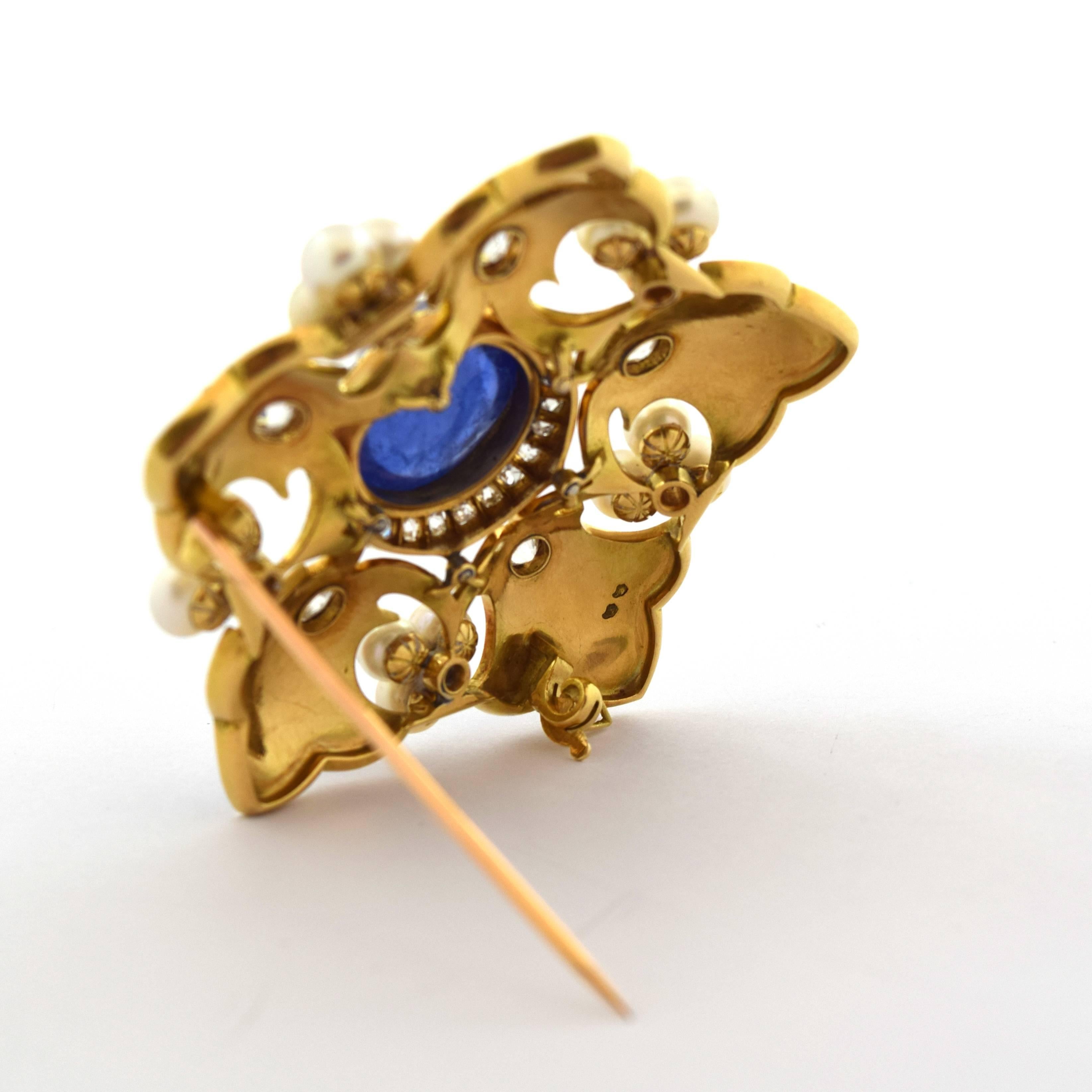 Oval Cut Fleur-de-Lis Blue Enamel, Pearls and Old Cut Diamonds Brooch Pin For Sale
