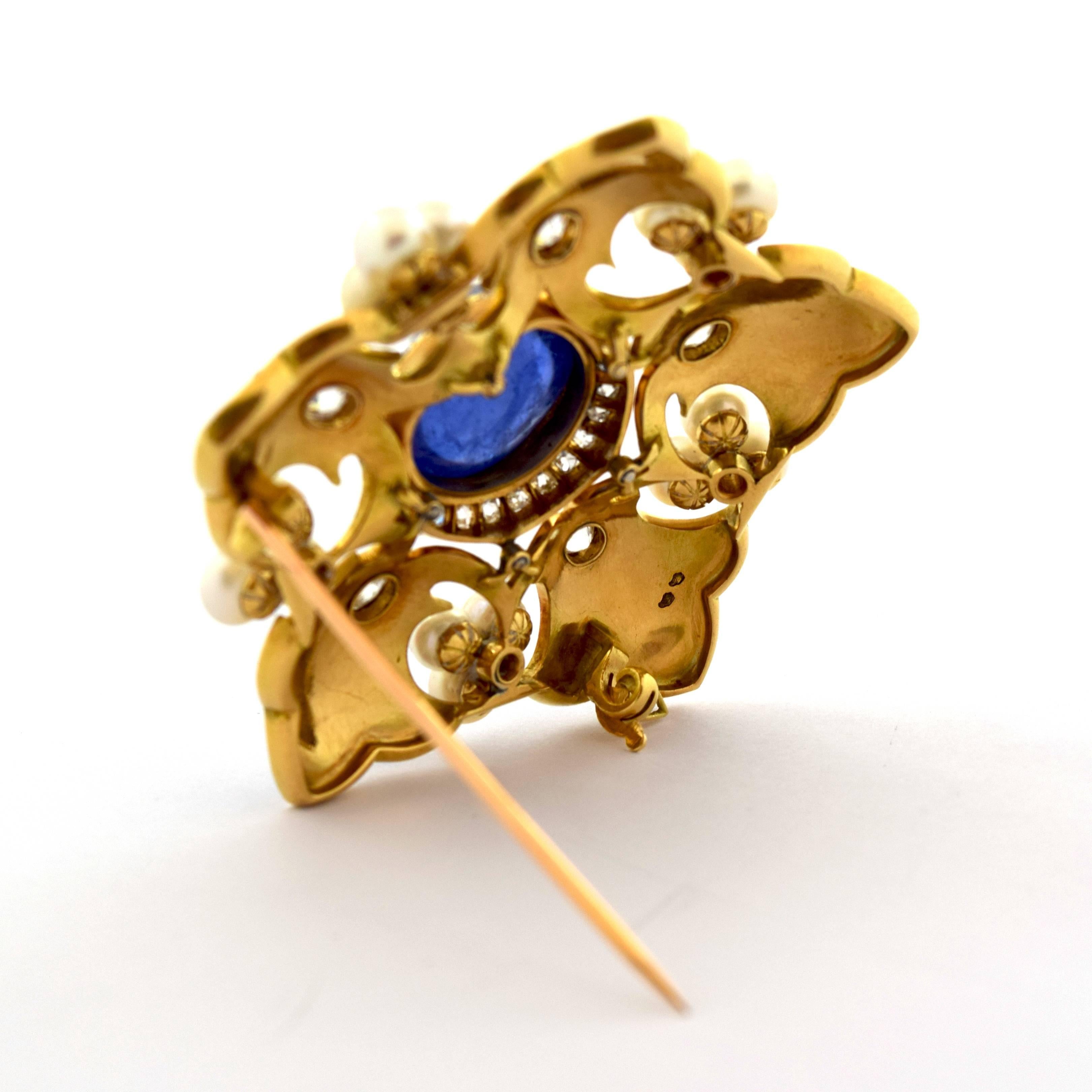 Contemporary Fleur-de-Lis Blue Enamel, Pearls and Old Cut Diamonds Brooch Pin For Sale